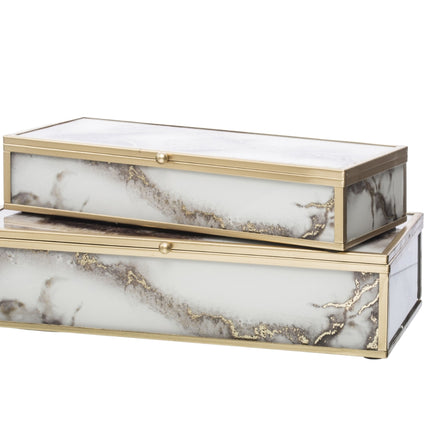 Stikla rotu kastīšu komplekts ar zelta metāla rāmi un samta iekšpusi (2 izmēri)