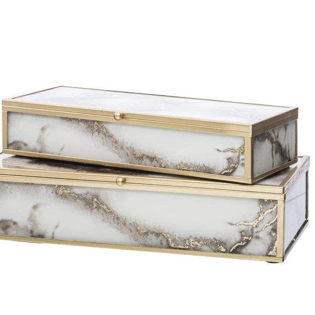 Stikla rotu kastīšu komplekts ar zelta metāla rāmi un samta iekšpusi (2 izmēri)