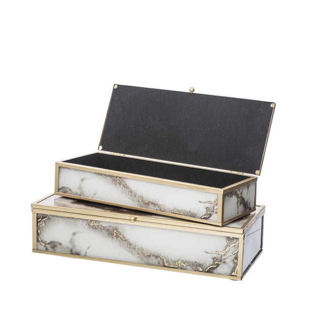 Stikla rotu kastīšu komplekts ar zelta metāla rāmi un samta iekšpusi (2 izmēri)