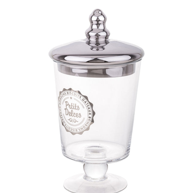 Stikla saldumu trauks ar sudraba krāsas stikla vāku