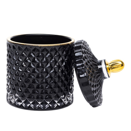 Dekoratīva stikla trauks ar vāku – melns ar zelta detaļām