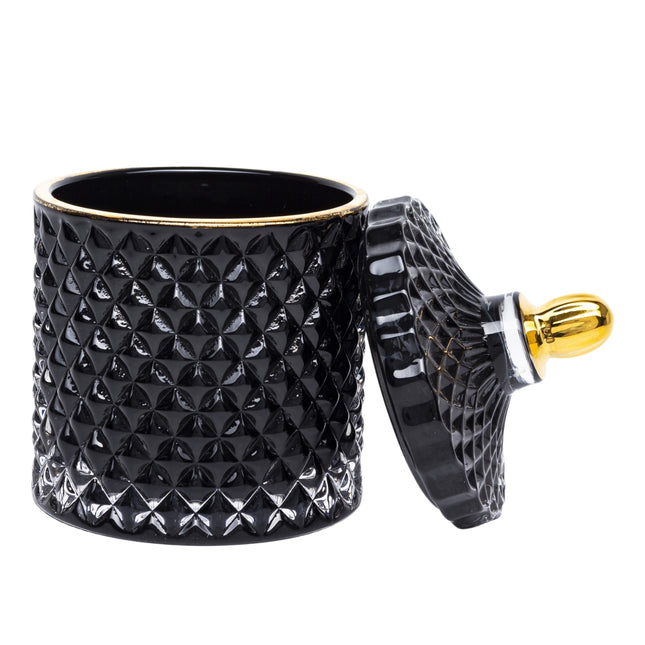 Dekoratīva stikla trauks ar vāku – melns ar zelta detaļām