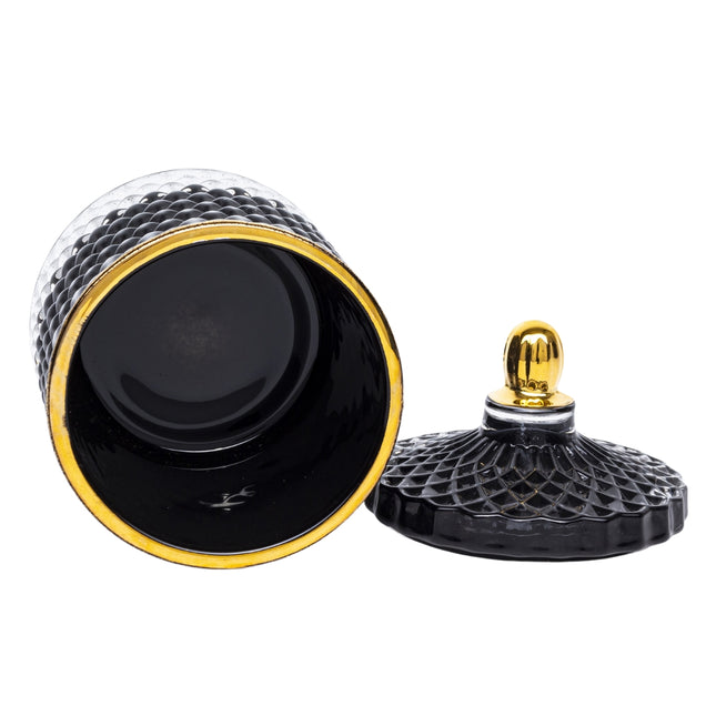 Dekoratīva stikla trauks ar vāku – melns ar zelta detaļām