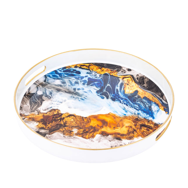 Dekoratīva apaļa paplāte ar zelta maliņu – mākslinieciska glancēta abstrakcija, 34,5 cm