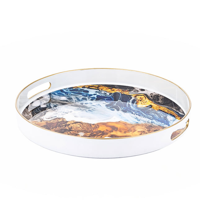 Dekoratīva apaļa paplāte ar zelta maliņu – mākslinieciska glancēta abstrakcija, 34,5 cm