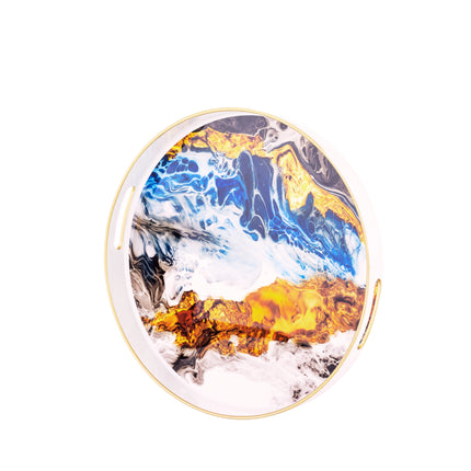 Dekoratīva apaļa paplāte ar zelta maliņu – mākslinieciska glancēta abstrakcija, 34,5 cm