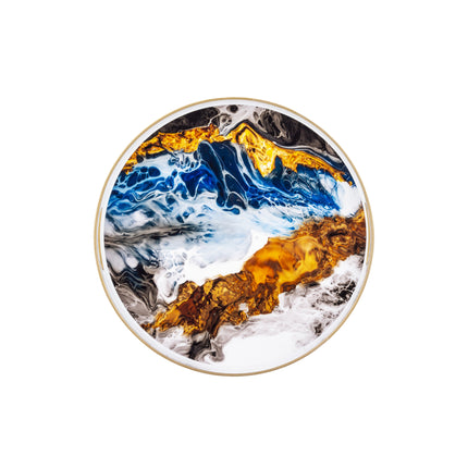 Dekoratīva apaļa paplāte ar zelta maliņu – mākslinieciska glancēta abstrakcija, 34,5 cm