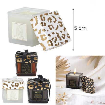 Aromātiskā svece “Leopard” kvadrātveida 5 cm – Sandalkoks, Pūderīgs aromāts & Dzintars