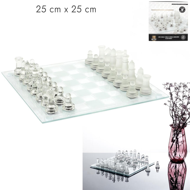 Stikla šaha komplekts 25 × 25 cm – elegants galda šahs no stikla