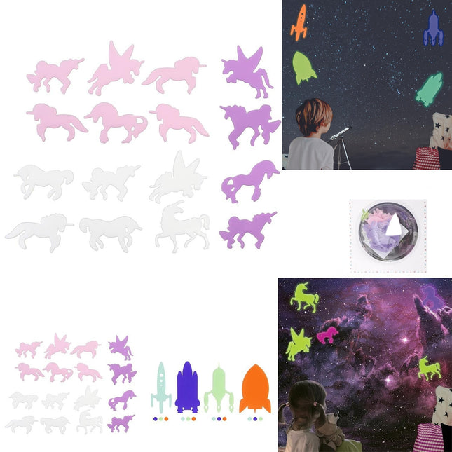 Fosforizējošas sienas uzlīmes “Vienradži / Raķetes” – 16 gab.