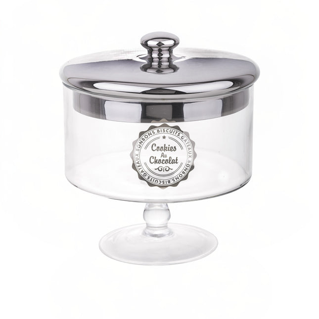 Stikla saldumu trauks uz kājas ar sudraba krāsas vāku