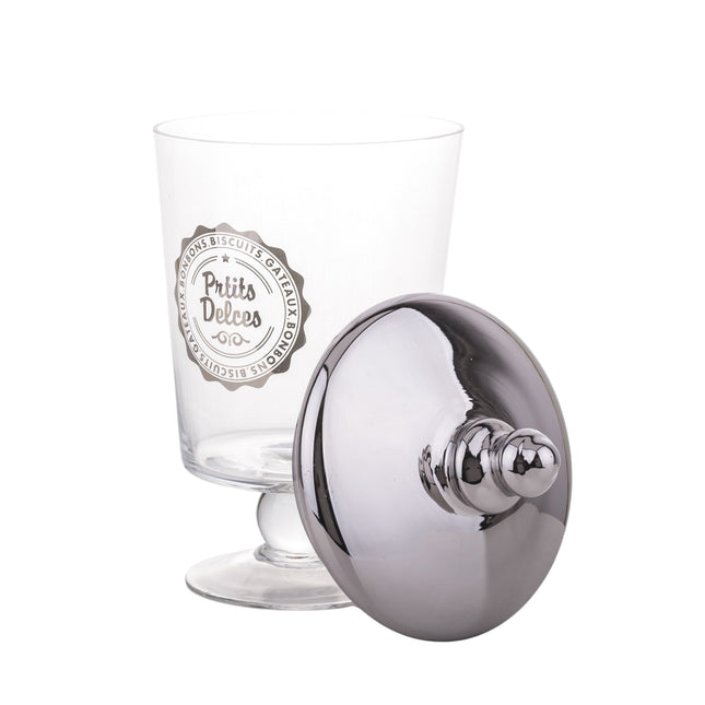 Stikla saldumu trauks ar sudraba krāsas stikla vāku