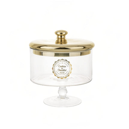 Stikla saldumu trauks uz kājas ar zelta krāsas vāku