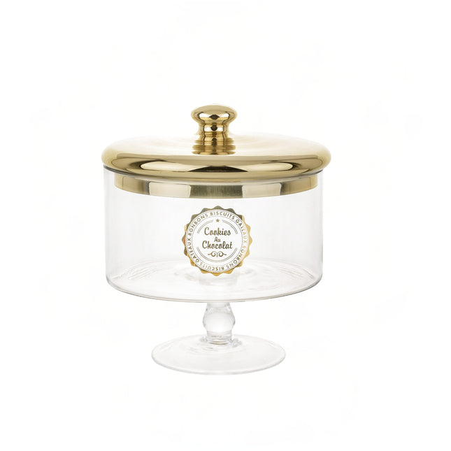 Stikla saldumu trauks uz kājas ar zelta krāsas vāku