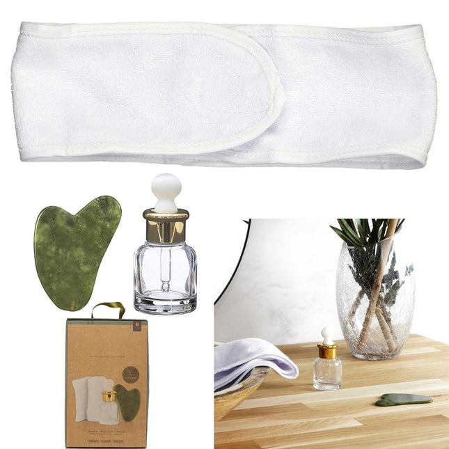 Sejas kopšanas komplekts ar Gua Sha un tukšu seruma pudelīti