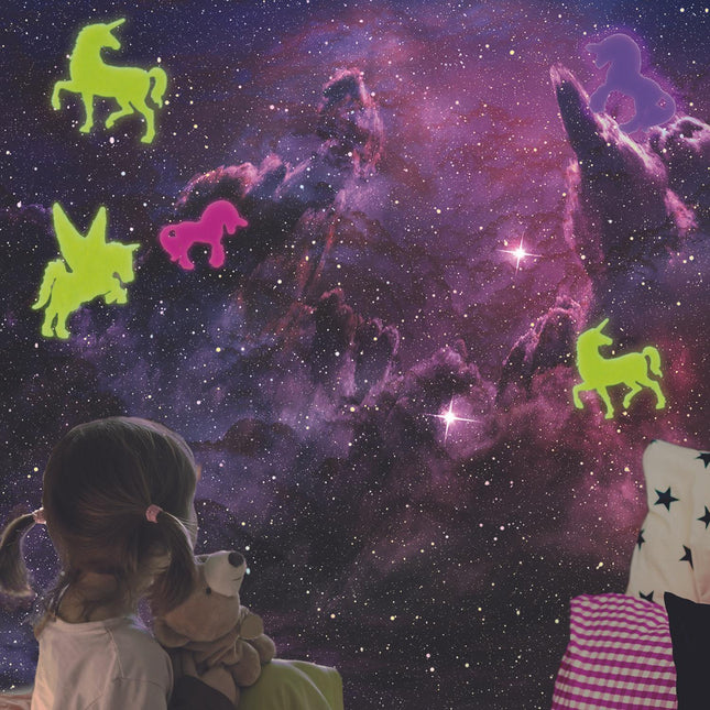 Fosforizējošas sienas uzlīmes “Vienradži / Raķetes” – 16 gab.