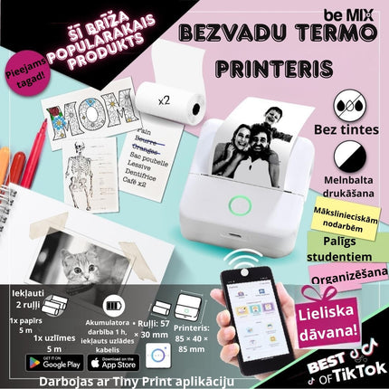 Bezvadu termo printeris “Tiny Print” – melnbalta druka bez tintes