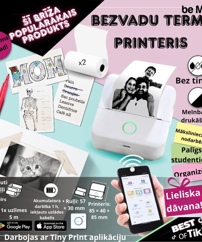 Bezvadu termo printeris “Tiny Print” – melnbalta druka bez tintes