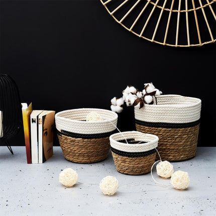 Pītu uzglabāšanas grozu komplekts (3 gab.) – dabīgs ar melnu un baltu akcentu