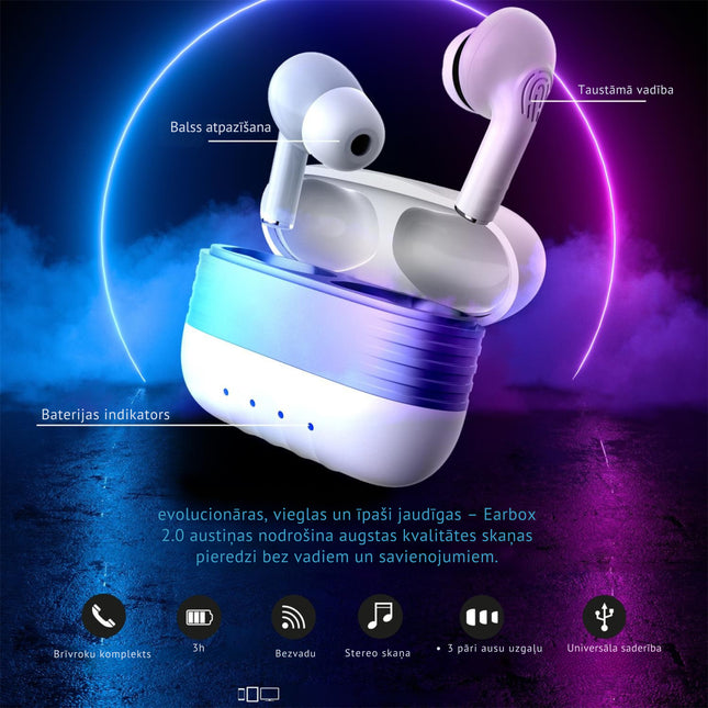 Bezvadu austiņas Earbox 2.0 ar uzlādes futrāli