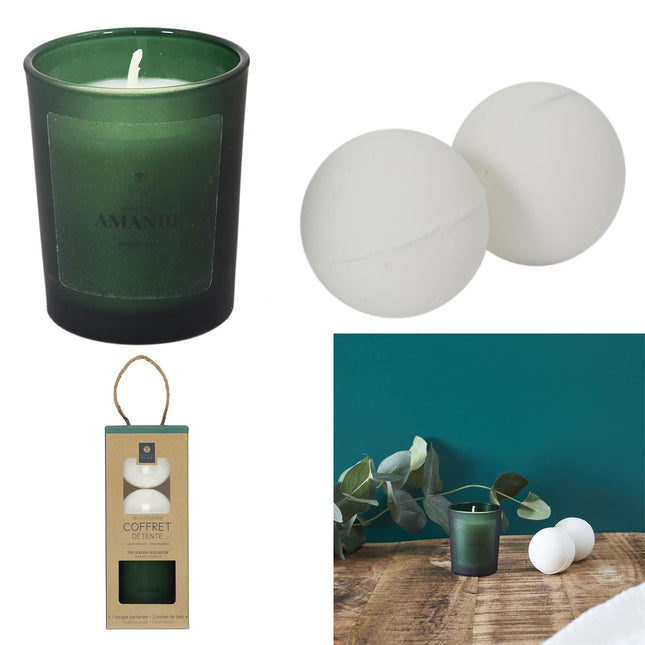 Relaksācijas dāvanu komplekts Mandeļu – aromātiskā svece + 2 vannas bumbas