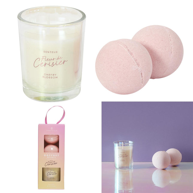 Relaksācijas dāvanu komplekts Ķiršu ziedu aromāts – aromātiskā svece + 2 vannas bumbas
