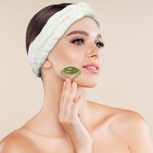 Nefrīta akmens sejas masāžas rullītis ar kosmētisko galvas saiti – komplekts