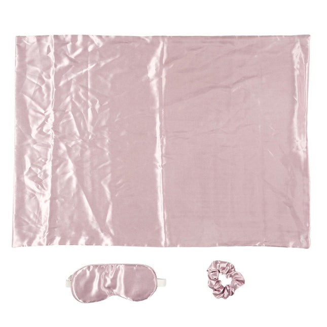 Satīna nakts komplekts – spilvendrāna, acu maska un matu gumija (60 × 60 cm)