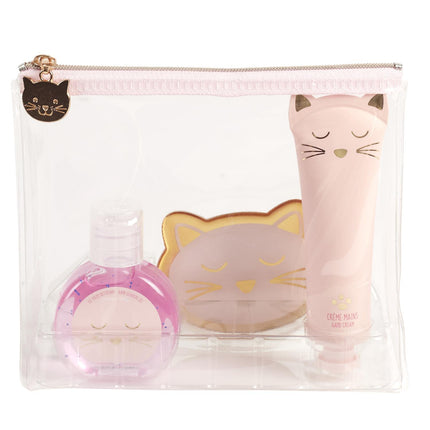 Kosmētikas komplekts “Cat” Roku krēms, roku mazgāšanas gēls, kabatas spogulītis caurspīdīgā maciņā ar rāvejslēdzēju
