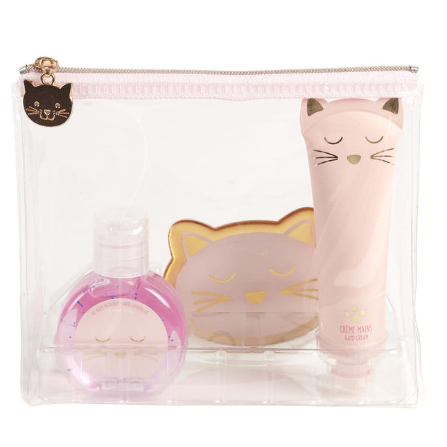 Kosmētikas komplekts “Cat” Roku krēms, roku mazgāšanas gēls, kabatas spogulītis caurspīdīgā maciņā ar rāvejslēdzēju