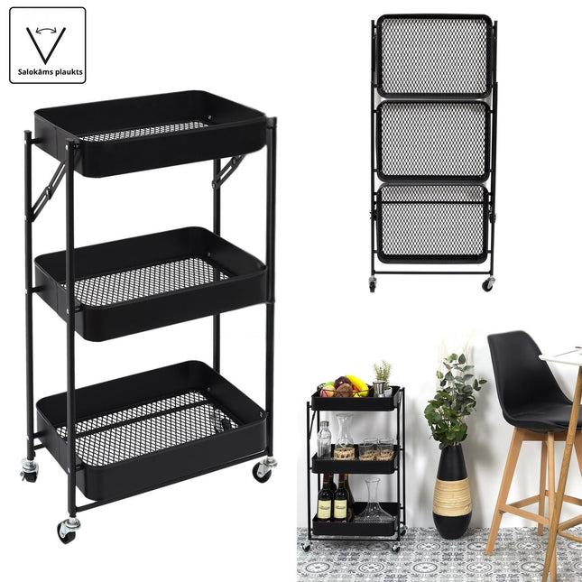 Salokāms metāla plaukts–ratiņi ar 3 līmeņiem un riteņiem