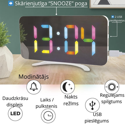 Digitālais LED galda pulkstenis ar vairākkrāsu displeju un USB pieslēgumiem
