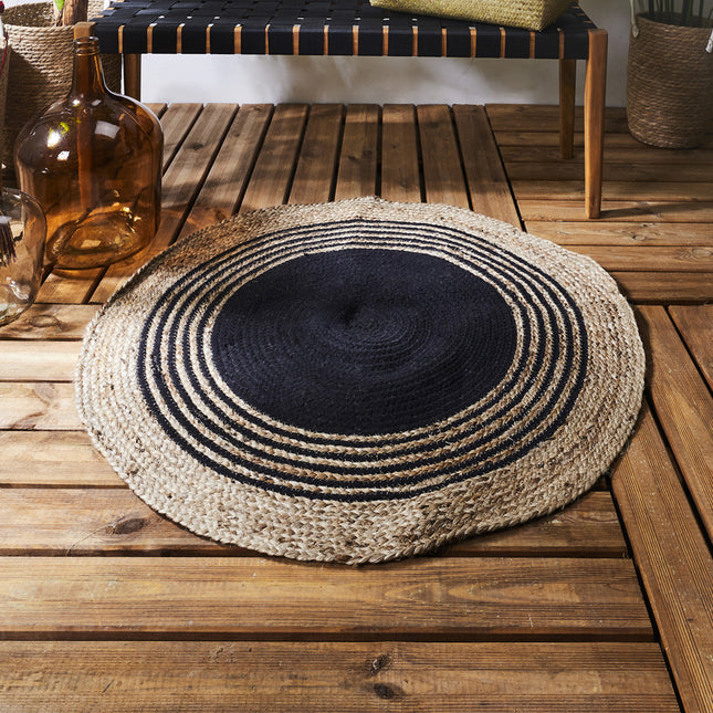 Apaļš džutas paklājs ar melnu ģeometrisku rakstu Ø 90 cm