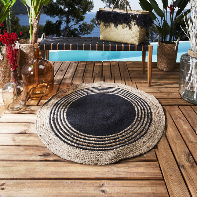 Apaļš džutas paklājs ar melnu ģeometrisku rakstu Ø 90 cm