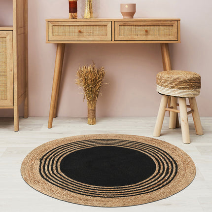 Apaļš džutas paklājs ar melnu ģeometrisku rakstu Ø 90 cm