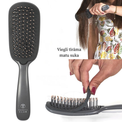 Inovatīva viegli tīrāma matu suka ar elastīgu tīrīšanas izņemamu ieliktni