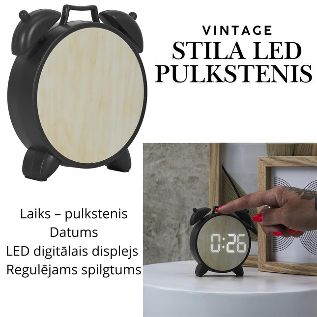 Vintage stila LED modinātājs ar koka efektu