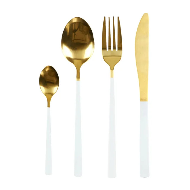 Zelta galda piederumu komplekts ar baltiem rokturiem – 16 daļas