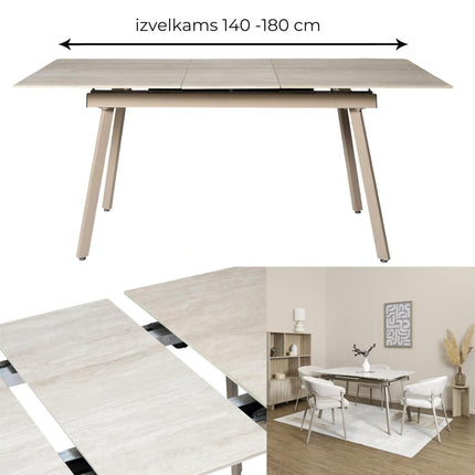Izvelkams keramikas galds ''PIETRA'' 140–180 cm – sinterētais akmens, metāls