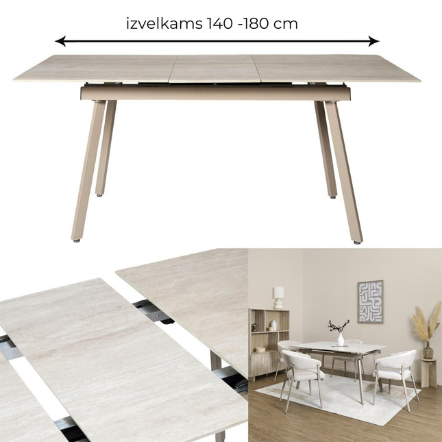 Izvelkams keramikas galds ''PIETRA'' 140–180 cm – sinterētais akmens, metāls