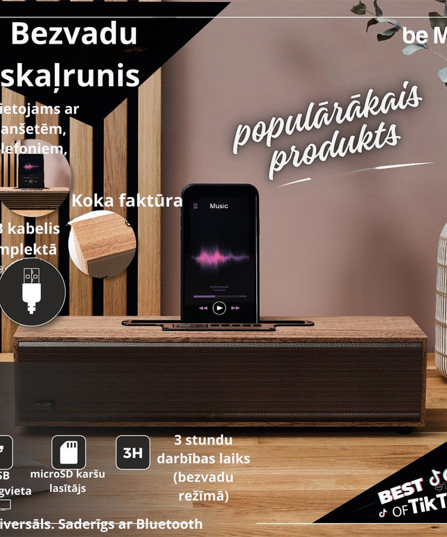 Bezvadu skaļrunis ar koka efekta dizainu