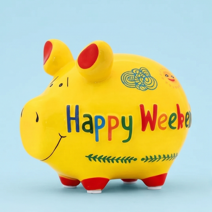 Keramikas krājkase – cūciņa “Happy Weekend” Krāsaina