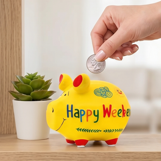 Keramikas krājkase – cūciņa “Happy Weekend” Krāsaina