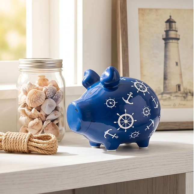 Krājkase – Nautical / jūras stila sivēns, zila/balta, keramika