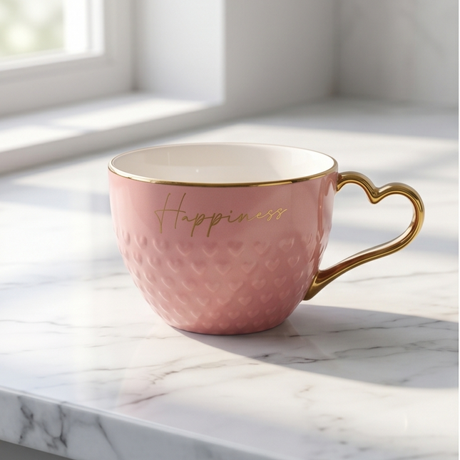 Porcelāna krūze “Happiness” ar sirds formas zelta rokturi 500ml