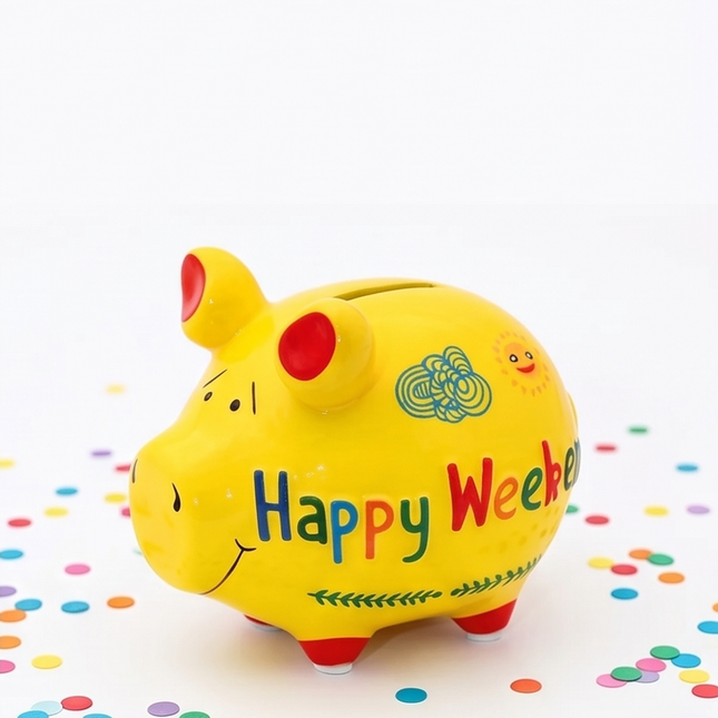Keramikas krājkase – cūciņa “Happy Weekend” Krāsaina