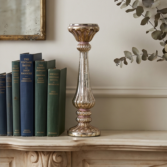 Augsts stikla svečturis ar vintage efektu – elegants interjera dekors (42 cm)