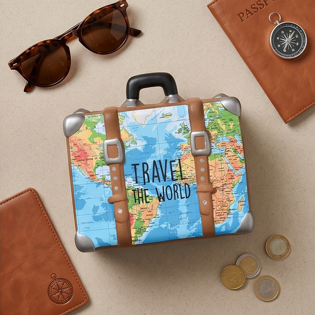 Krājkasīte “Travel the World” – keramikas koferis ar kartes dizainu