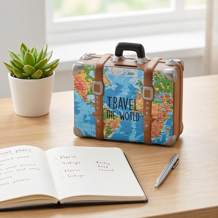 Krājkasīte “Travel the World” – keramikas koferis ar kartes dizainu