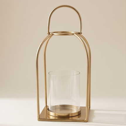 Zelta metāla laterna ar stikla cilindru – elegants sveču turētājs / dekors (34 cm)